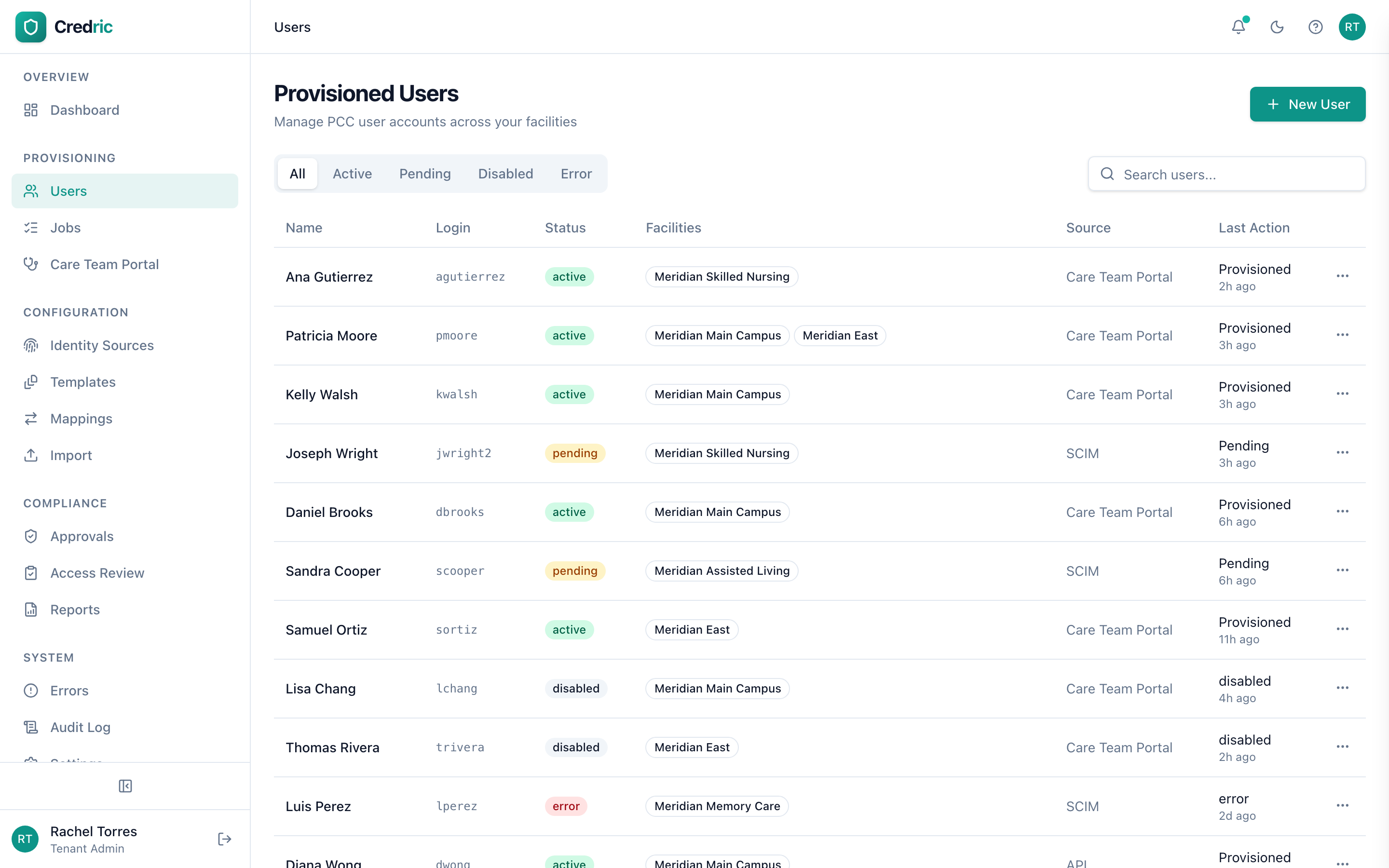 Provisioned users page showing staff across multiple facilities with status tracking