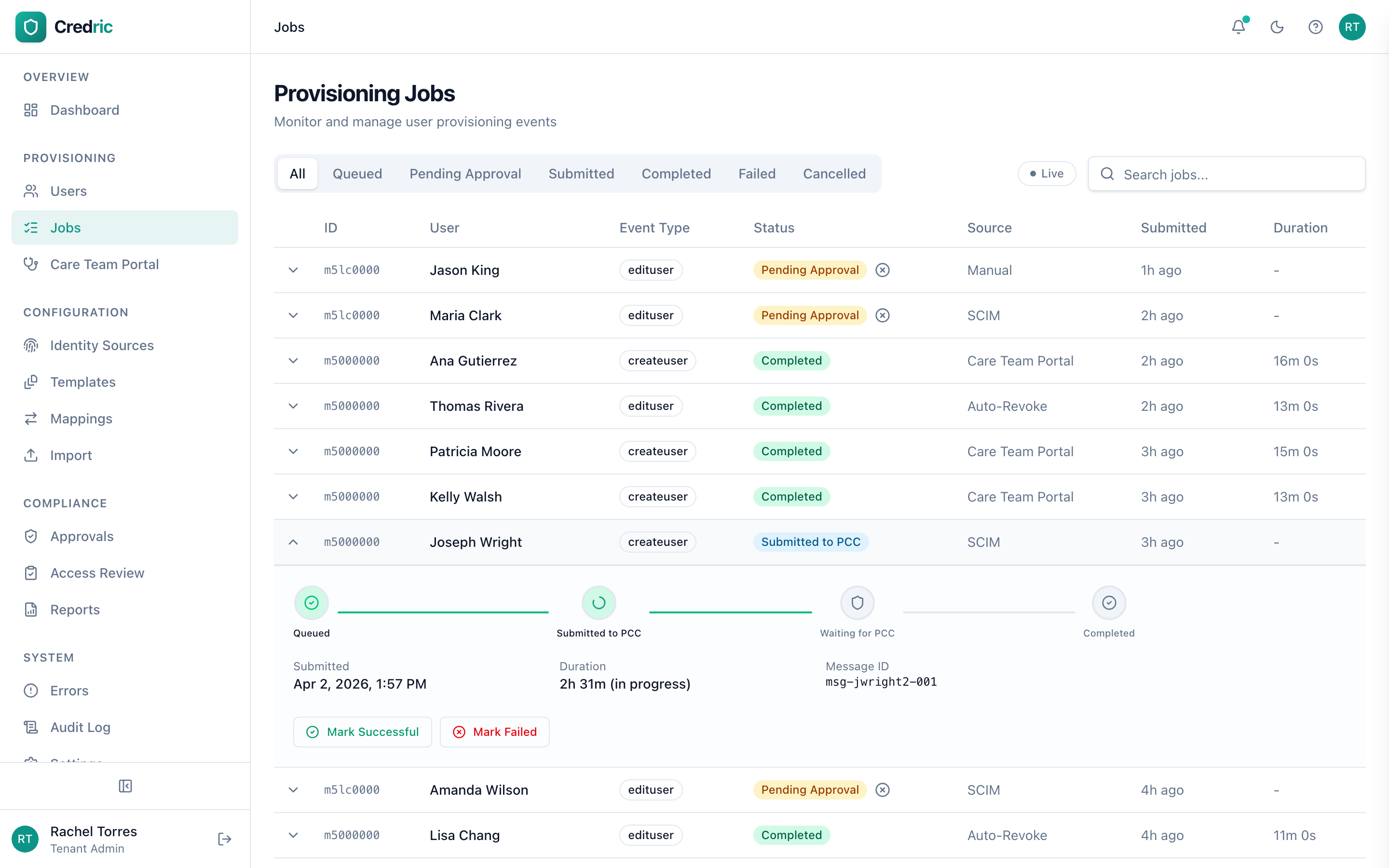 Provisioning job expanded showing pipeline stages: Queued, Submitted to PointClickCare, Waiting for Response