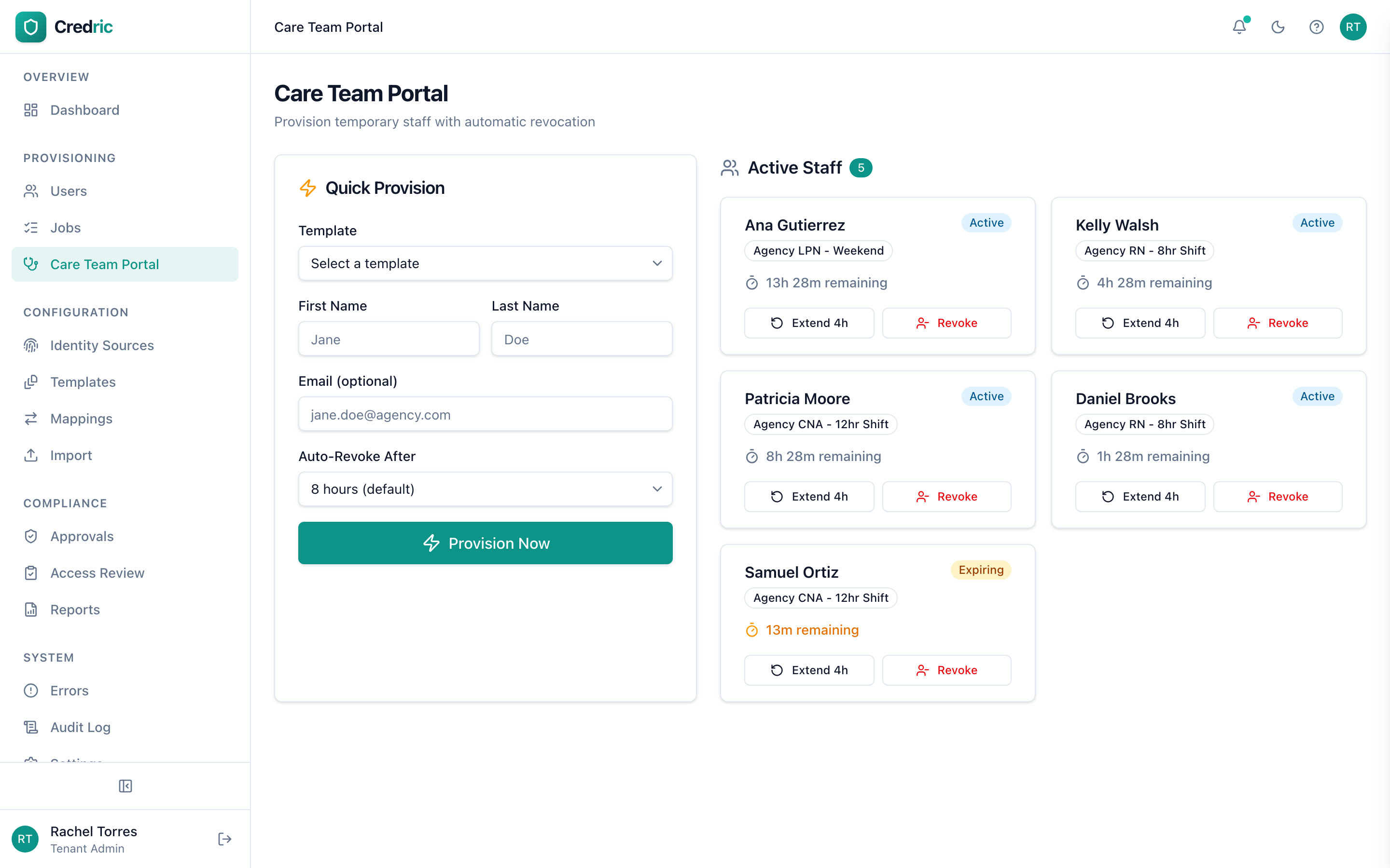 Care Team Portal showing quick provision form and active temporary staff with auto-revocation timers