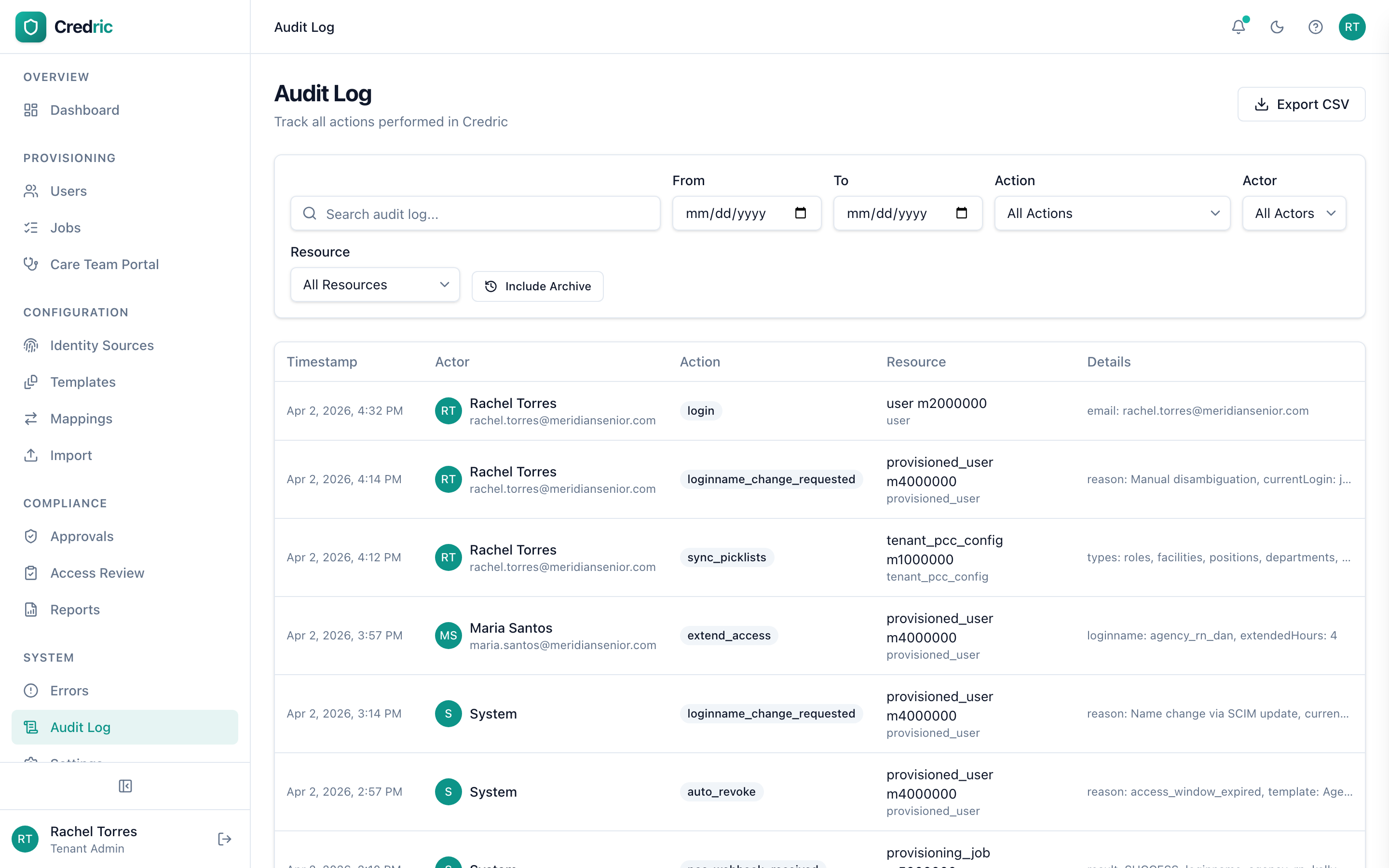 Audit log showing detailed action history with actor attribution, timestamps, and resource tracking